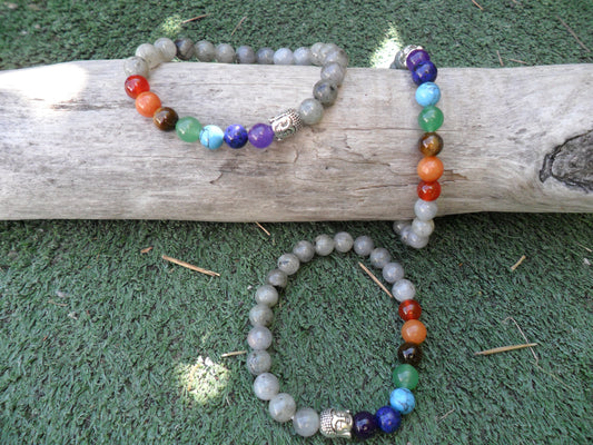 Chakra bracelet with labradorite beads & buddha head charm