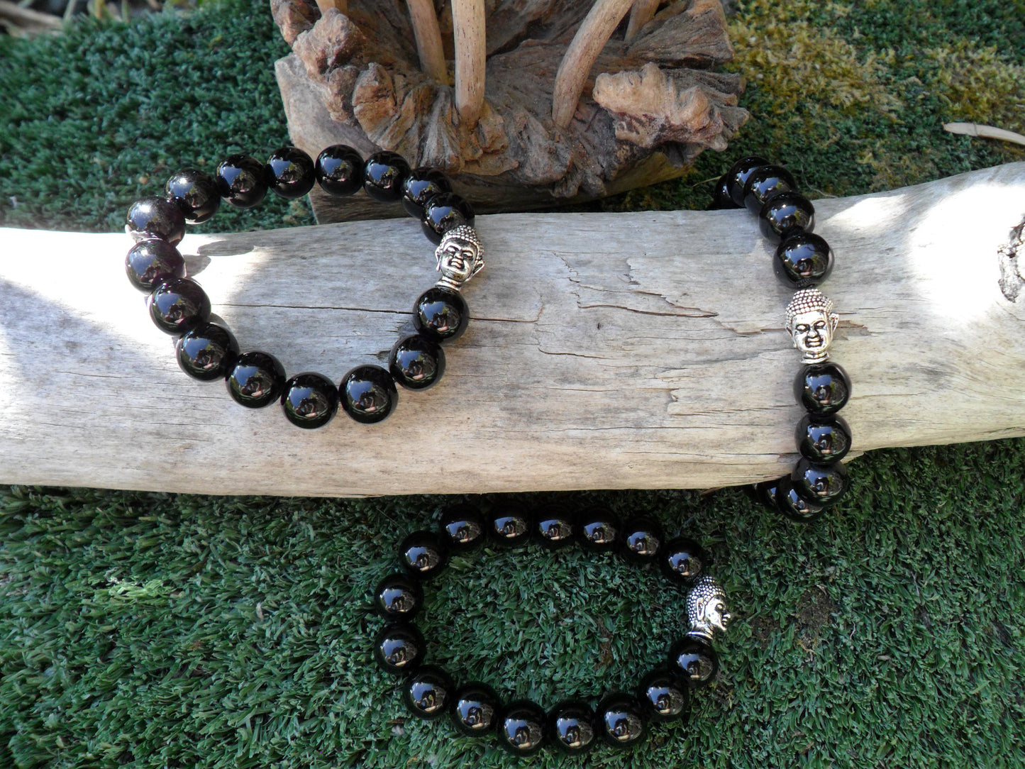 Black agate bracelet with buddha head charm