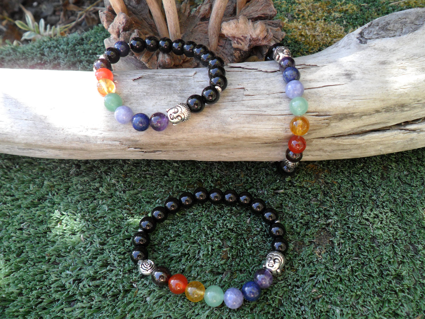 Chakra bracelet with buddha head charm & black agate beads