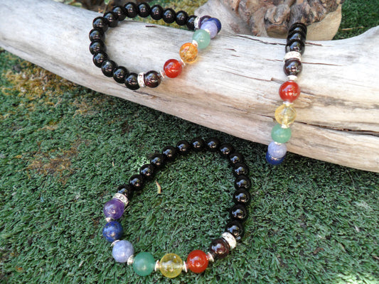 Chakra bracelet with black agate beads