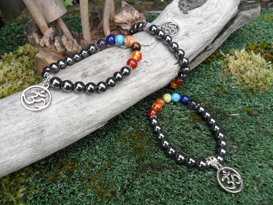 Chakra bracelet with haematite beads & ohm charm